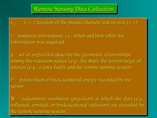 RRRReeeemmmmooootttteeee S SSSeeeennnnssssiiiinnnngggg D DDDaaaattttaaaa C CCCoooolllllllleeeeccccttttiiiioooonnnn 
ssxx,,yy,,zz == xx,, yy,, zz llooccaattiioonn ooff tthhee ppiiccttuurree eelleemmeenntt aanndd iittss ssiizzee ((xx,, yy)) 
tt == tteemmppoorraall iinnffoorrmmaattiioonn,, ii..ee..,, wwhheenn aanndd hhooww oofftteenn tthhee 
iinnffoorrmmaattiioonn wwaass aaccqquuiirreedd 
qq == sseett ooff aanngglleess tthhaatt ddeessccrriibbee tthhee ggeeoommeettrriicc rreellaattiioonnsshhiippss 
aammoonngg tthhee rraaddiiaattiioonn ssoouurrccee ((ee..gg..,, tthhee SSuunn)),, tthhee tteerrrraaiinn ttaarrggeett ooff 
iinntteerreesstt ((ee..gg..,, aa ccoorrnn ffiieelldd)),, aanndd tthhee rreemmoottee sseennssiinngg ssyysstteemm 
PP == ppoollaarriizzaattiioonn ooff bbaacckk--ssccaatttteerreedd eenneerrggyy rreeccoorrddeedd bbyy tthhee 
sseennssoorr 
WW == rraaddiioommeettrriicc rreessoolluuttiioonn ((pprreecciissiioonn)) aatt wwhhiicchh tthhee ddaattaa ((ee..gg..,, 
rreefflleecctteedd,, eemmiitttteedd,, oorr bbaacckk--ssccaatttteerreedd rraaddiiaattiioonn)) aarree rreeccoorrddeedd bbyy 
tthhee rreemmoottee sseennssiinngg ssyysstteemm.. 
ssxx,,yy,,zz == xx,, yy,, zz llooccaattiioonn ooff tthhee ppiiccttuurree eelleemmeenntt aanndd iittss ssiizzee ((xx,, yy)) 
tt == tteemmppoorraall iinnffoorrmmaattiioonn,, ii..ee..,, wwhheenn aanndd hhooww oofftteenn tthhee 
iinnffoorrmmaattiioonn wwaass aaccqquuiirreedd 
qq == sseett ooff aanngglleess tthhaatt ddeessccrriibbee tthhee ggeeoommeettrriicc rreellaattiioonnsshhiippss 
aammoonngg tthhee rraaddiiaattiioonn ssoouurrccee ((ee..gg..,, tthhee SSuunn)),, tthhee tteerrrraaiinn ttaarrggeett ooff 
iinntteerreesstt ((ee..gg..,, aa ccoorrnn ffiieelldd)),, aanndd tthhee rreemmoottee sseennssiinngg ssyysstteemm 
PP == ppoollaarriizzaattiioonn ooff bbaacckk--ssccaatttteerreedd eenneerrggyy rreeccoorrddeedd bbyy tthhee 
sseennssoorr 
WW == rraaddiioommeettrriicc rreessoolluuttiioonn ((pprreecciissiioonn)) aatt wwhhiicchh tthhee ddaattaa ((ee..gg..,, 
rreefflleecctteedd,, eemmiitttteedd,, oorr bbaacckk--ssccaatttteerreedd rraaddiiaattiioonn)) aarree rreeccoorrddeedd bbyy 
tthhee rreemmoottee sseennssiinngg ssyysstteemm.. 
 