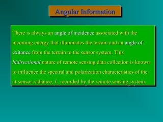 AAAAnnnngggguuuullllaaaarrrr IIIInnnnffffoooorrrrmmmmaaaattttiiiioooonnnn 
TThheerree iiss aallwwaayyss aann aannggllee ooff iinncciiddeennccee aassssoocciiaatteedd wwiitthh tthhee 
iinnccoommiinngg eenneerrggyy tthhaatt iilllluummiinnaatteess tthhee tteerrrraaiinn aanndd aann aannggllee ooff 
eexxiittaannccee ffrroomm tthhee tteerrrraaiinn ttoo tthhee sseennssoorr ssyysstteemm.. TThhiiss 
bbiiddiirreeccttiioonnaall nnaattuurree ooff rreemmoottee sseennssiinngg ddaattaa ccoolllleeccttiioonn iiss kknnoowwnn 
ttoo iinnfflluueennccee tthhee ssppeeccttrraall aanndd ppoollaarriizzaattiioonn cchhaarraacctteerriissttiiccss ooff tthhee 
aatt--sseennssoorr rraaddiiaannccee,, LL,, rreeccoorrddeedd bbyy tthhee rreemmoottee sseennssiinngg ssyysstteemm.. 
TThheerree iiss aallwwaayyss aann aannggllee ooff iinncciiddeennccee aassssoocciiaatteedd wwiitthh tthhee 
iinnccoommiinngg eenneerrggyy tthhaatt iilllluummiinnaatteess tthhee tteerrrraaiinn aanndd aann aannggllee ooff 
eexxiittaannccee ffrroomm tthhee tteerrrraaiinn ttoo tthhee sseennssoorr ssyysstteemm.. TThhiiss 
bbiiddiirreeccttiioonnaall nnaattuurree ooff rreemmoottee sseennssiinngg ddaattaa ccoolllleeccttiioonn iiss kknnoowwnn 
ttoo iinnfflluueennccee tthhee ssppeeccttrraall aanndd ppoollaarriizzaattiioonn cchhaarraacctteerriissttiiccss ooff tthhee 
aatt--sseennssoorr rraaddiiaannccee,, LL,, rreeccoorrddeedd bbyy tthhee rreemmoottee sseennssiinngg ssyysstteemm.. 
 