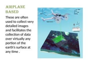 Airplane
Based
These are often
used to collect very
detailed images
and facilitates the
collection of data
over virtually any
portion of the
earth’s surface at
any time .
 