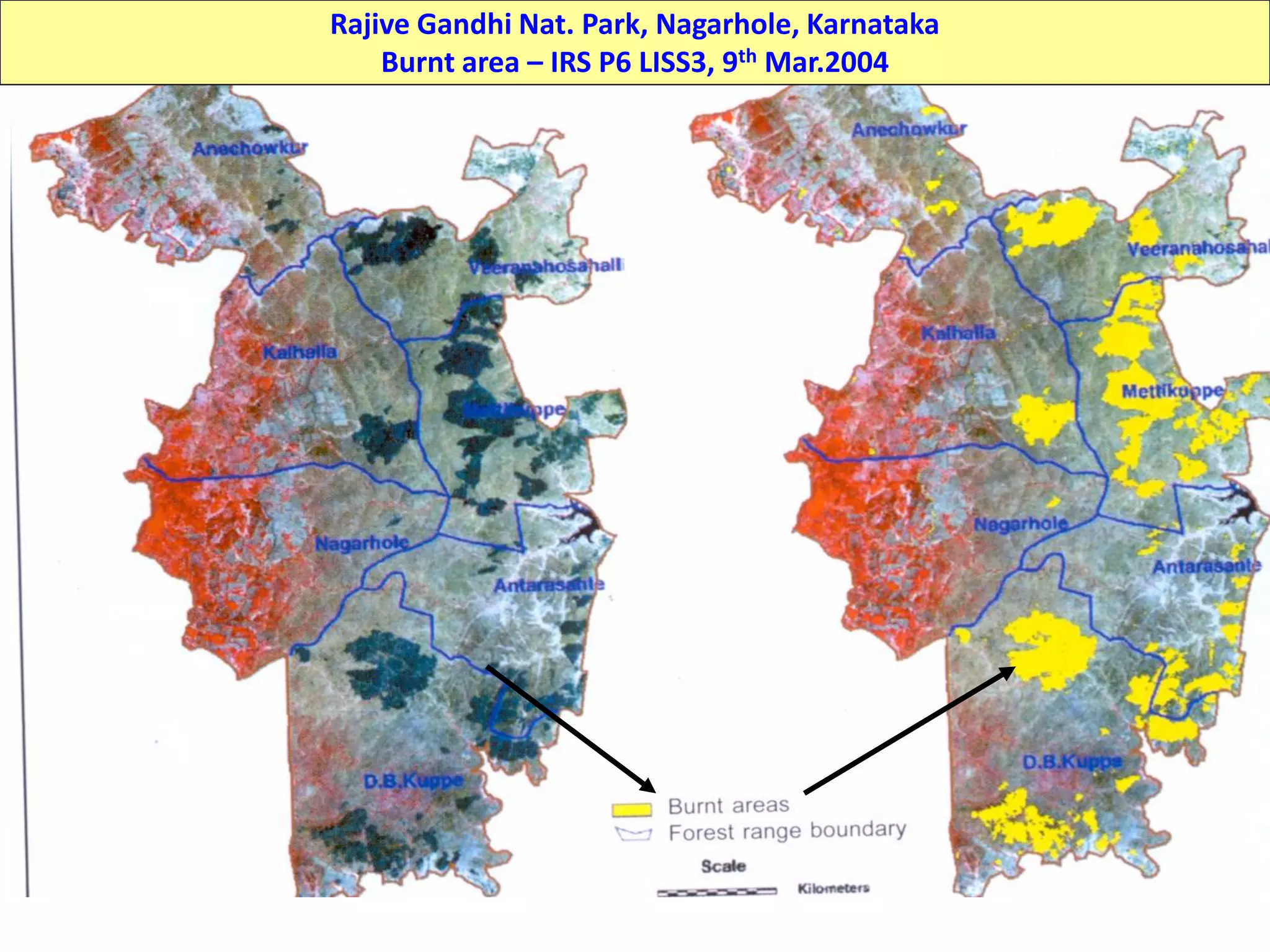 Rajive Gandhi Nat. Park, Nagarhole, Karnataka
    Burnt area – IRS P6 LISS3, 9th Mar.2004
 