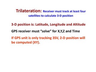 Trilateration: Receiver must track at least four
           satellites to calculate 3-D position

3-D position is: Latitud...