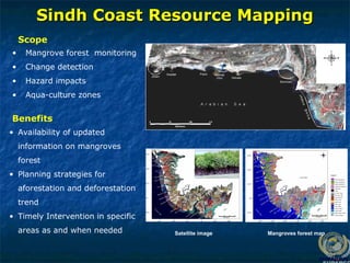 Sindh Coast Resource Mapping
Sindh Coast Resource Mapping
Satellite image Mangroves forest map
• Mangrove forest monitoring
• Change detection
• Hazard impacts
• Aqua-culture zones
Scope
Benefits
• Availability of updated
information on mangroves
forest
• Planning strategies for
aforestation and deforestation
trend
• Timely Intervention in specific
areas as and when needed
 