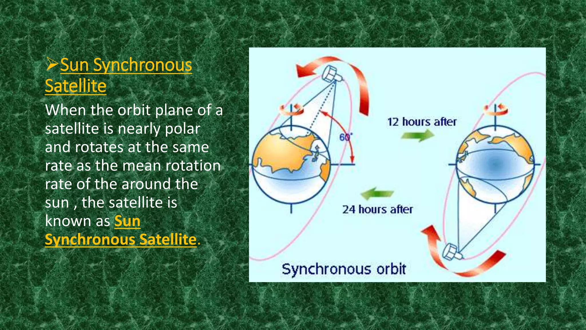 Sun Synchronous
Satellite
When the orbit plane of a
satellite is nearly polar
and rotates at the same
rate as the mean rotation
rate of the around the
sun , the satellite is
known as Sun
Synchronous Satellite.
 