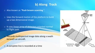 b) Along Track
o Also known as “Push broom scanning ”.
o Uses the forward motion of the platform to build
up a two dimensional image.
o It uses linear array of detectors oriented normal
to flight path.
o Records multispectral image data along a swath
beneath an aircraft.
o A complete line is recorded at a time.
 