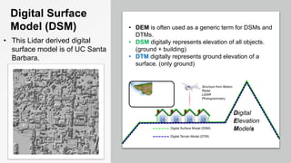 Digital Surface
Model (DSM)
• This Lidar derived digital
surface model is of UC Santa
Barbara.
• DEM is often used as a generic term for DSMs and
DTMs.
• DSM digitally represents elevation of all objects.
(ground + building)
• DTM digitally represents ground elevation of a
surface. (only ground)
 