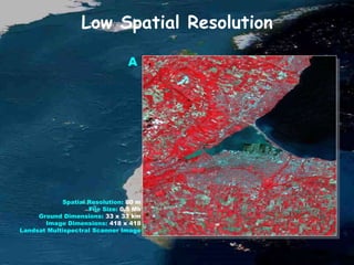 Low Spatial Resolution
Spatial Resolution: 80 m
File Size: 0.5 Mb
Ground Dimensions: 33 x 33 km
Image Dimensions: 418 x 418
Landsat Multispectral Scanner Image
A
 