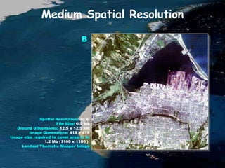 Medium Spatial Resolution
Spatial Resolution: 30 m
File Size: 0.5 Mb
Ground Dimensions: 12.5 x 12.5 km
Image Dimensions: 418 x 418
Image size required to cover area in A:
1.2 Mb (1100 x 1100 )
Landsat Thematic Mapper Image
B
 