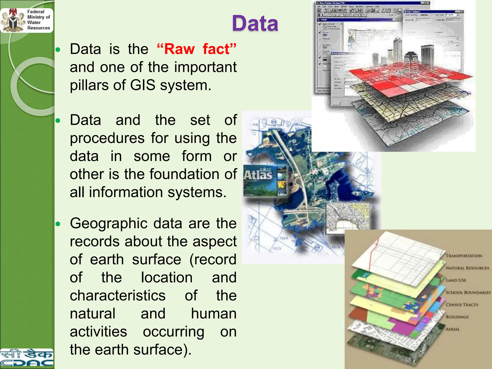  Data is the “Raw fact”
and one of the important
pillars of GIS system.
 Data and the set of
procedures for using the
data in some form or
other is the foundation of
all information systems.
 Geographic data are the
records about the aspect
of earth surface (record
of the location and
characteristics of the
natural and human
activities occurring on
the earth surface).
Data
 