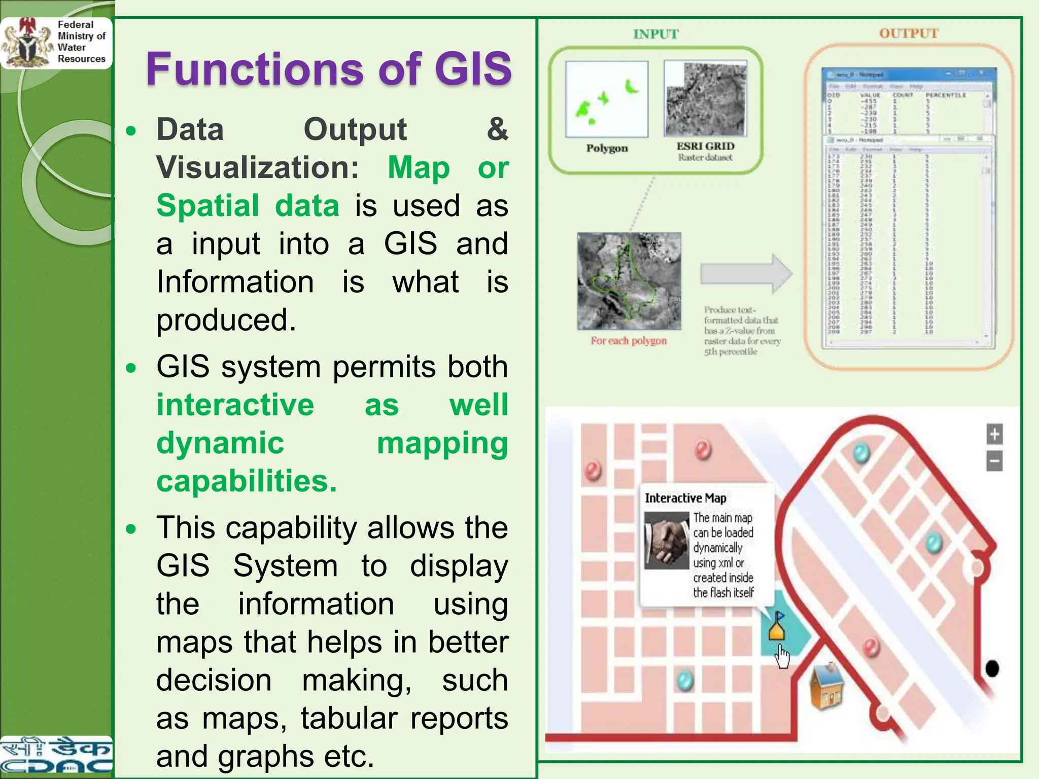 Functions of GIS
 Data Output &
Visualization: Map or
Spatial data is used as
a input into a GIS and
Information is what is
produced.
 GIS system permits both
interactive as well
dynamic mapping
capabilities.
 This capability allows the
GIS System to display
the information using
maps that helps in better
decision making, such
as maps, tabular reports
and graphs etc.
 