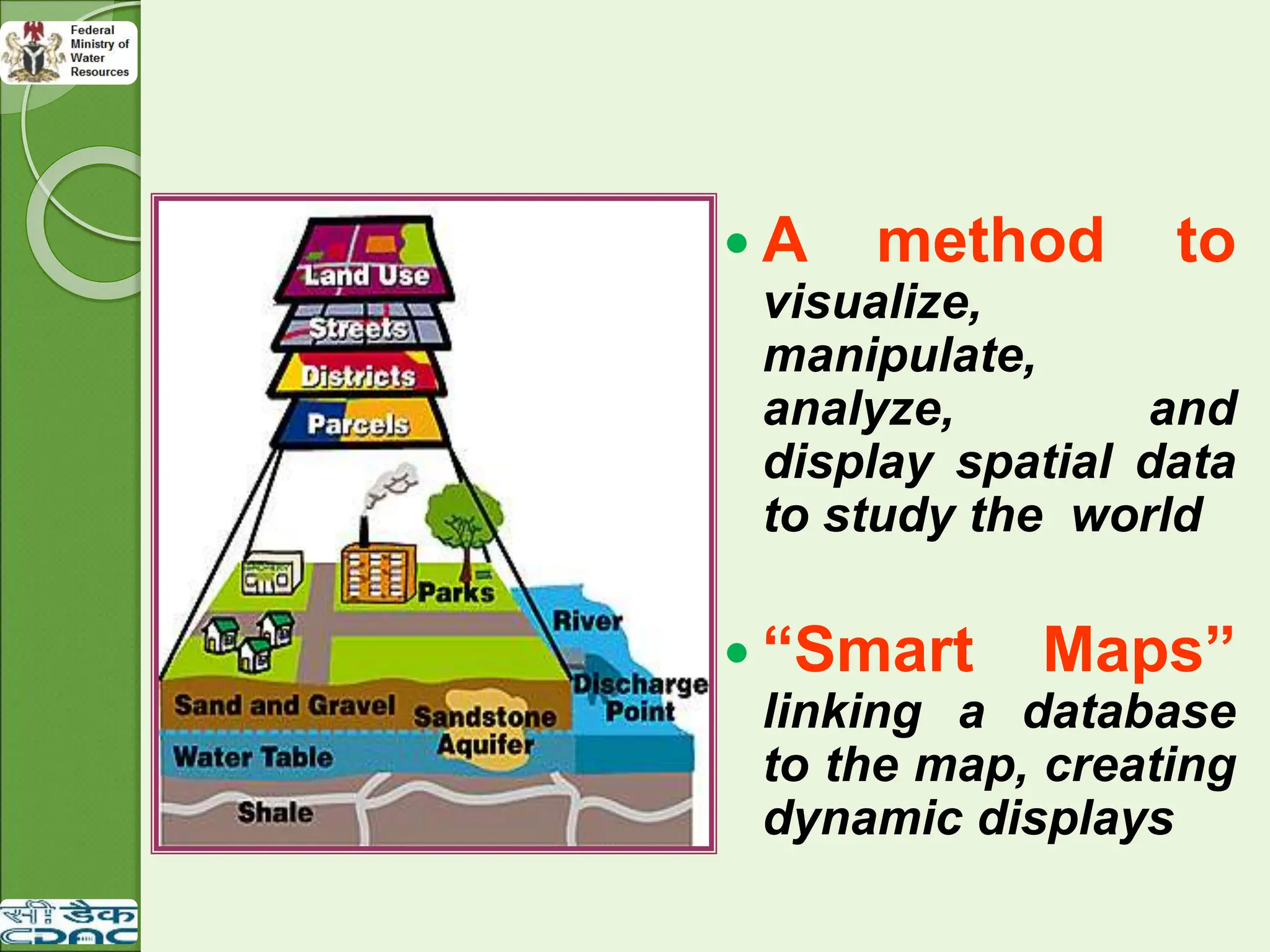  A method to
visualize,
manipulate,
analyze, and
display spatial data
to study the world
 “Smart Maps”
linking a database
to the map, creating
dynamic displays
 