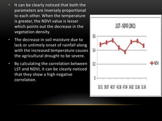 • It can be clearly noticed that both the
parameters are inversely proportional
to each other. When the temperature
is greater, the NDVI value is lesser
which points out the decrease in the
vegetation density.
• The decrease in soil moisture due to
lack or untimely onset of rainfall along
with the increased temperature causes
the agricultural drought to be severe.
• By calculating the correlation between
LST and NDVI, it can be clearly noticed
that they show a high negative
correlation.
 
