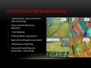 • Identification, area estimation
and monitoring
• Crop nutrient deficiency
detection
• Soil mapping
• Crop condition assessment
• Agricultural draught assessment
• Reflectance modelling
• Crop yield modelling and
production forecasting
APPLICATION OF RS IN AGRICULTURE
 