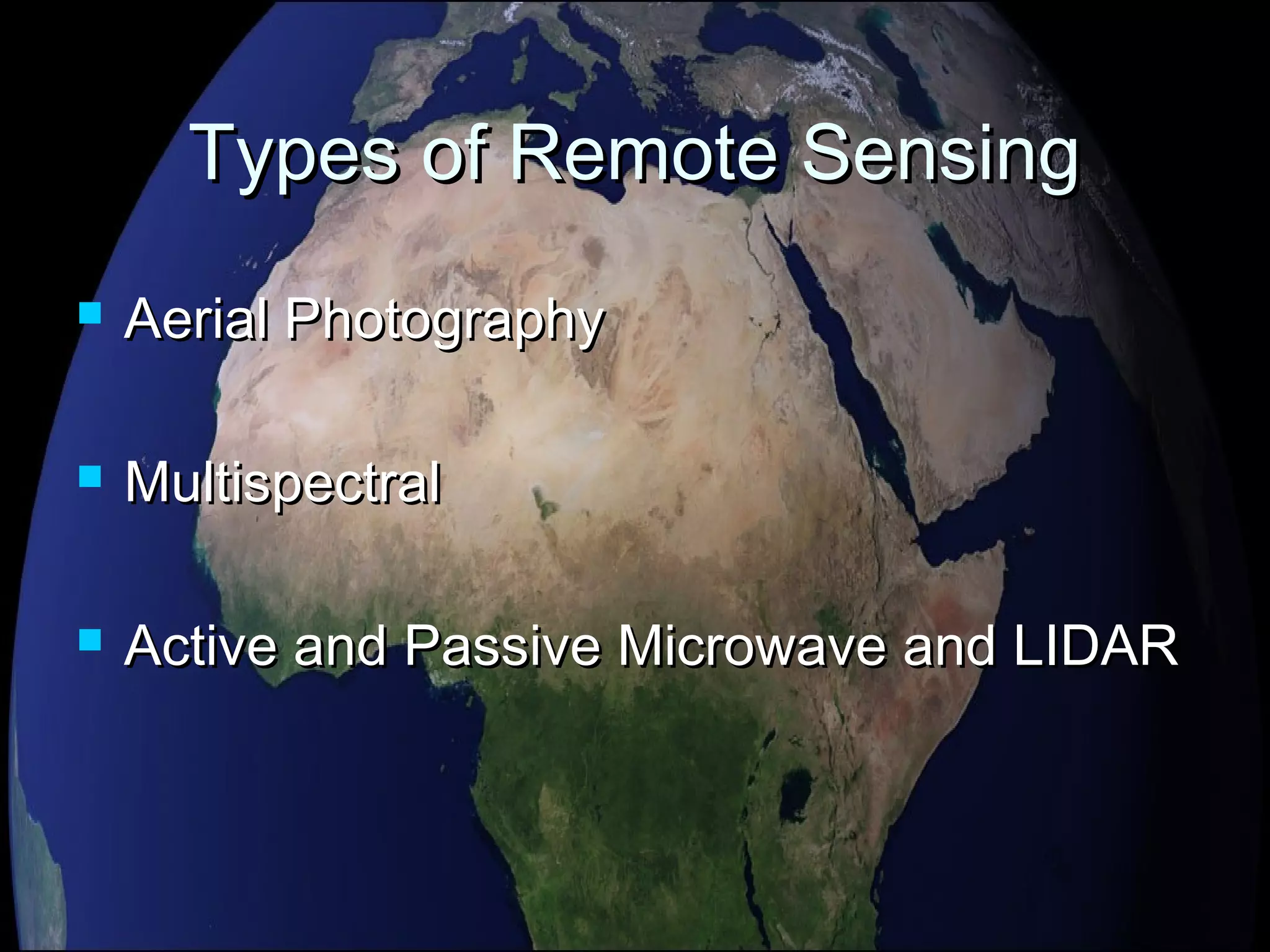 Types of Remote SensingTypes of Remote Sensing
 Aerial PhotographyAerial Photography
 MultispectralMultispectral
 Active and Passive Microwave and LIDARActive and Passive Microwave and LIDAR
 
