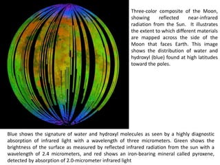 Three-color composite of the Moon,
showing reflected near-infrared
radiation from the Sun. It illustrates
the extent to which different materials
are mapped across the side of the
Moon that faces Earth. This image
shows the distribution of water and
hydroxyl (blue) found at high latitudes
toward the poles.
Blue shows the signature of water and hydroxyl molecules as seen by a highly diagnostic
absorption of infrared light with a wavelength of three micrometers. Green shows the
brightness of the surface as measured by reflected infrared radiation from the sun with a
wavelength of 2.4 micrometers, and red shows an iron-bearing mineral called pyroxene,
detected by absorption of 2.0-micrometer infrared light
 
