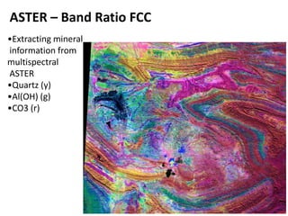 ASTER – Band Ratio FCC
•Extracting mineral
information from
multispectral
ASTER
•Quartz (y)
•Al(OH) (g)
•CO3 (r)
 