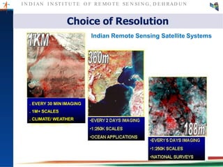 I N D I AN I N ST I T U T E O F RE MO T E SE N SI N G , D E H RAD U N
. EVERY 30 MIN IMAGING
. 1M+ SCALES
. CLIMATE/ WEATHER
Indian Remote Sensing Satellite Systems
Choice of Resolution
 