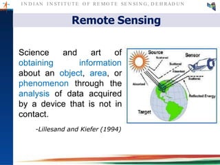 I N D I AN I N ST I T U T E O F RE MO T E SE N SI N G , D E H RAD U N
Remote Sensing
Science and
obtaining
art of
information
about an object, area, or
phenomenon through the
analysis of data acquired
by a device that is not in
contact.
-Lillesand and Kiefer (1994)
 