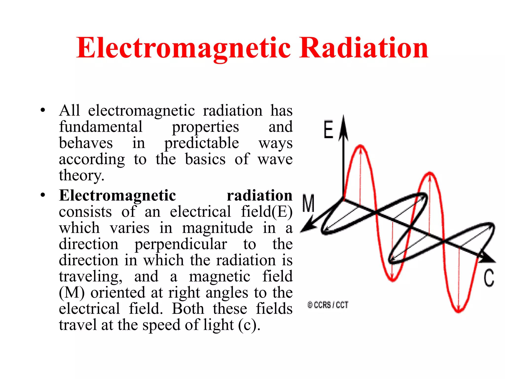 Electromagnetic Radiation
• All electromagnetic radiation has
fundamental properties and
behaves in predictable ways
according to the basics of wave
theory.
• Electromagnetic radiation
consists of an electrical field(E)
which varies in magnitude in a
direction perpendicular to the
direction in which the radiation is
traveling, and a magnetic field
(M) oriented at right angles to the
electrical field. Both these fields
travel at the speed of light (c).
 
