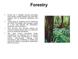 Forestry
• Forests are a valuable resource providing
food, shelter, wildlife habitat, fuel, and daily
supplies such as medicinal ingredients and
paper.
• Forests play an important role in balancing
the Earth's CO2 supply and exchange, acting
as a key link between the atmosphere,
geosphere, and hydrosphere.
• This diversity also provides habitat for
numerous animal species and is an important
source of medicinal ingredients.
• The main issues concerning forest
management are depletion due to natural
causes (fires and infestations) or human
activity (clear-cutting, burning, land
conversion), and monitoring of health and
growth for effective commercial exploitation
and conservation.
 