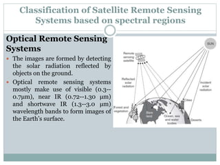 Classification of Satellite Remote Sensing
Systems based on spectral regions
Optical Remote Sensing
Systems
 The images are formed by detecting
the solar radiation reflected by
objects on the ground.
 Optical remote sensing systems
mostly make use of visible (0.3--
0.7μm), near IR (0.72--1.30 μm)
and shortwave IR (1.3--3.0 μm)
wavelength bands to form images of
the Earth’s surface.
 