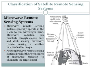 Microwave Remote
Sensing Systems
 Microwave remote sensing
systems generally operate in the
1 cm to 1m wavelength band.
Microwave radiation can
penetrate through clouds, haze
and dust, making microwave
remote sensing a weather
independent technique.
 Activemicrowave remote sensing
systems provide their own source
of microwave radiation to
illuminate the target object
Classification of Satellite Remote Sensing
Systems
 
