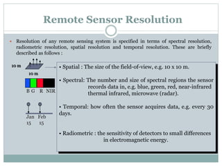 • Spatial : The size of the field-of-view, e.g. 10 x 10 m.
• Spectral: The number and size of spectral regions the sensor
records data in, e.g. blue, green, red, near-infrared
thermal infrared, microwave (radar).
• Temporal: how often the sensor acquires data, e.g. every 30
days.
• Radiometric : the sensitivity of detectors to small differences
in electromagnetic energy.
10 m
B G R NIR
Jan
15
Feb
15
10 m
Remote Sensor Resolution
 Resolution of any remote sensing system is specified in terms of spectral resolution,
radiometric resolution, spatial resolution and temporal resolution. These are briefly
described as follows :
 