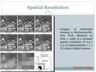 Spatial Resolution
 Imagery of residential
housing in Mechanicsville,
New York, obtained on
June 1, 1998, at a nominal
spatial resolution of 0.3 x
0.3 m (approximately 1 x 1
ft.) using a digital camera.
Jensen 2003
 