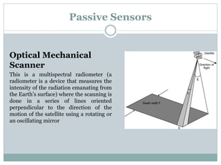 Passive Sensors
Optical Mechanical
Scanner
This is a multispectral radiometer (a
radiometer is a device that measures the
intensity of the radiation emanating from
the Earth’s surface) where the scanning is
done in a series of lines oriented
perpendicular to the direction of the
motion of the satellite using a rotating or
an oscillating mirror
 