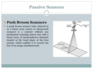 Passive Sensors
 Push Broom Scanners
 A push broom scanner (also referred to
as a linear array sensor or along-track
scanner) is a scanner without any
mechanical scanning mirror but with a
linear array of semiconductor elements
located at the focal plane of the lens
system, which enables it to record one
line of an image simultaneously
 