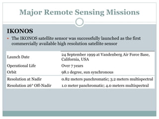 Resolution at Nadir 0.82 meters panchromatic; 3.2 meters multispectral
Resolution 26° Off-Nadir 1.0 meter panchromatic; 4.0 meters multispectral
Major Remote Sensing Missions
IKONOS
 The IKONOS satellite sensor was successfully launched as the first
commercially available high resolution satellite sensor
Launch Date
24 September 1999 at Vandenberg Air Force Base,
California, USA
Operational Life Over 7 years
Orbit 98.1 degree, sun synchronous
 