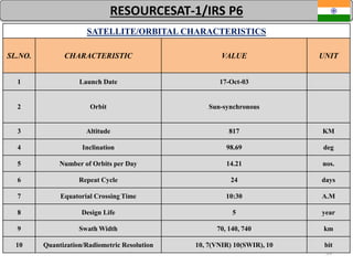 59
RESOURCESAT-1/IRS P6
SATELLITE/ORBITAL CHARACTERISTICS
SL.NO. CHARACTERISTIC VALUE UNIT
1 Launch Date 17-Oct-03
2 Orbit Sun-synchronous
3 Altitude 817 KM
4 Inclination 98.69 deg
5 Number of Orbits per Day 14.21 nos.
6 Repeat Cycle 24 days
7 Equatorial Crossing Time 10:30 A.M
8 Design Life 5 year
9 Swath Width 70, 140, 740 km
10 Quantization/Radiometric Resolution 10, 7(VNIR) 10(SWIR), 10 bit
 