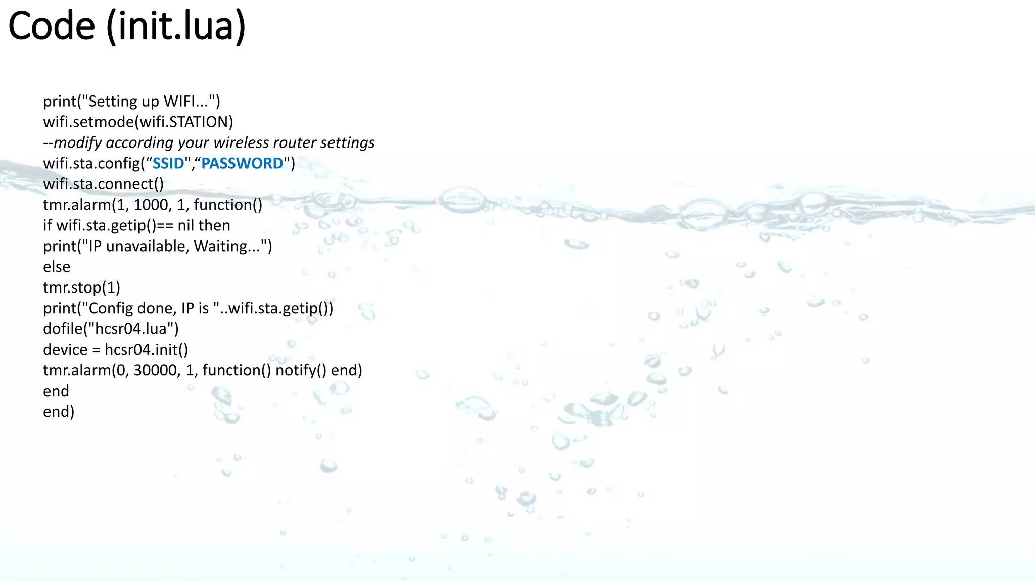6. Notify My Android(NMA)
platform that allows you to deliver push notifications from virtually any application to your Android device
NMA API Quick guide
1. Sign Up for a NMA account
2. Go to Manage API Keys and Generate New Key
3. Key details will appear in Key Description field.
4. Update NMA alerts via URL:
conn:send("GET /publicapi/notify?apikey=YOUR API KEY
&application=ESP8266&event=TANK_EMPTY&description=text
1%20text2%20text3&priority=2rn HTTP/1.1rn")
 