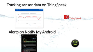 Important for software upload on ESP8266
• FIRST UPLOAD hcsr04.lua on ESP8266
by clicking on Save to ESP in ESplorer.
• NEXT UPLOAD init.lua on ESP8266 by
clicking on Save to ESP in ESplorer.
• Wait for 1-2 min after upload. The setup
should work and updated data points
available on Thingspeak channel and
alerts on Notify My Android as per
distance monitored.
 