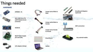 Things needed
6Pin USB 2.0 to TTL
UART Module Serial
Converter
HARDWARE
ESP8266 – 01
Microcontroller with
WiFi capability
HCSR-04
Ultrasonic Sensor
Multi Power Supply
(5V and 3.3V)
Jumper wires Male to
Male
Jumper wires Female
to Female
Jumper wires Male to
Female
12V adaptor (1Amp)
Bread Board
Laptop
Breadboard Adapters
(optional)
WiFi connection
Any android mobile
 
