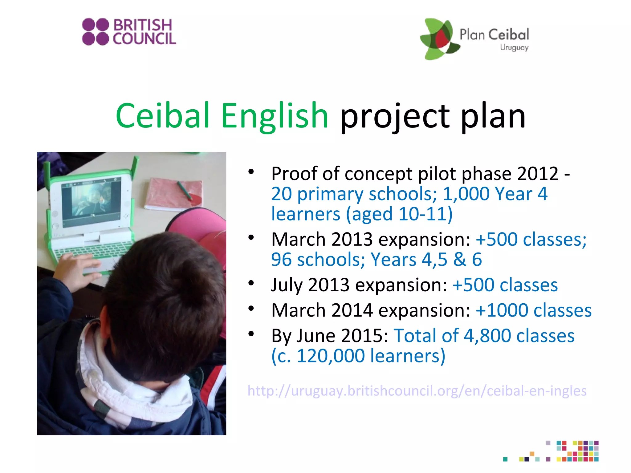 Ceibal English project plan
• Proof of concept pilot phase 2012 20 primary schools; 1,000 Year 4
learners (aged 10-11)
• March 2013 expansion: +500 classes;
96 schools; Years 4,5 & 6
• July 2013 expansion: +500 classes
• March 2014 expansion: +1000 classes
• By June 2015: Total of 4,800 classes
(c. 120,000 learners)
http://uruguay.britishcouncil.org/en/ceibal-en-ingles

 