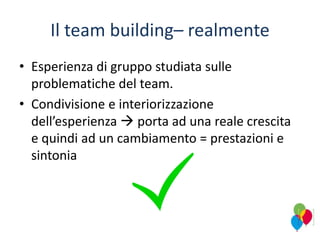 Il team building– realmente
• Esperienza di gruppo studiata sulle
problematiche del team.
• Condivisione e interiorizzazione
dell’esperienza  porta ad una reale crescita
e quindi ad un cambiamento = prestazioni e
sintonia
 