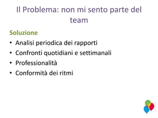 Il Problema: non mi sento parte del
team
Soluzione
• Analisi periodica dei rapporti
• Confronti quotidiani e settimanali
• Professionalità
• Conformità dei ritmi
 