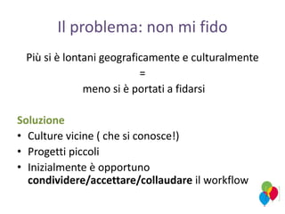 Il problema: non mi fido
Più si è lontani geograficamente e culturalmente
=
meno si è portati a fidarsi
Soluzione
• Culture vicine ( che si conosce!)
• Progetti piccoli
• Inizialmente è opportuno
condividere/accettare/collaudare il workflow
 