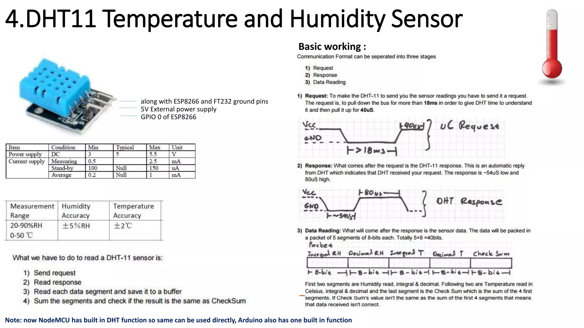 4.DHT11 Temperature and Humidity Sensor
GPIO 0 of ESP8266
along with ESP8266 and FT232 ground pins
5V External power supply
Basic working :
Note: now NodeMCU has built in DHT function so same can be used directly, Arduino also has one built in function
 