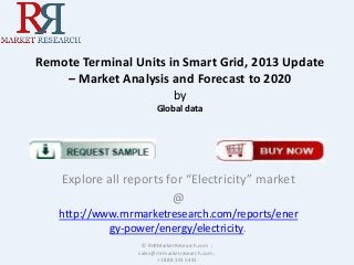Remote Terminal Units in Smart Grid, 2013 Update
– Market Analysis and Forecast to 2020
by
Global data

Explore all reports for “Electricity” market
@
http://www.rnrmarketresearch.com/reports/ener
gy-power/energy/electricity.
© RnRMarketResearch.com ;
sales@rnrmarketresearch.com ;
+1 888 391 5441

 