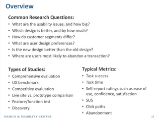Overview
Common Research Questions:
•   What are the usability issues, and how big?
•   Which design is better, and by how much?
•   How do customer segments differ?
•   What are user design preferences?
•   Is the new design better than the old design?
•   Where are users most likely to abandon a transaction?


Types of Studies:                        Typical Metrics:
•   Comprehensive evaluation             • Task success
•   UX benchmark                         • Task time
•   Competitive evaluation               • Self-report ratings such as ease of
•   Live site vs. prototype comparison     use, confidence, satisfaction
•   Feature/function test                • SUS
•   Discovery                            • Click paths
                                         • Abandonment
                                                                                 17
 