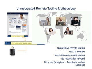 Unmoderated Remote Testing Methodology




                            • Quantitative remote testing
                                        • Natural context
                          • International/domestic testing
                                • No moderation needed
                • Behavior (analytics) + Feedback (online
                                                Surveys)
 