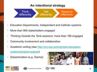 26
An intentional strategy
• Education Departments, Independent and Catholic systems
• More than 900 stakeholders engaged
• Thinking Outside the Tank sessions: more than 190 engaged
• Community involvement and collaboration
• Academic writing (see http://crc-rep.com/remote-education-
systems/project-outputs)
• Dissemination (e.g. Garma)
Think
differently
Talk
differently
Respond
differently
 