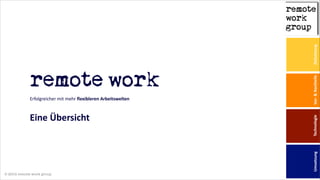 © 2014 remote work group
!
remote  work
Erfolgreicher  mit  mehr  flexibleren  Arbeitswelten  
!
Eine  Übersicht
ZielsetzungVor-­‐  &  NachteileTechnologieUmsetzung
 