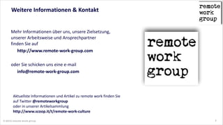 Weitere  Informationen  &  Kontakt

Mehr  Informationen  über  uns,  unsere  Zielsetzung,   
unserer  Arbeitsweise  und  Ansprechpartner   
finden  Sie  auf    
http://www.remote-­‐work-­‐group.com    
!

oder  Sie  schicken  uns  eine  e-­‐mail    
info@remote-­‐work-­‐group.com  
!
!
!

Aktuellste  Informationen  und  Artikel  zu  remote  work  finden  Sie   
auf  Twitter  @remoteworkgroup   
oder  in  unserer  Artikelsammlung 
http://www.scoop.it/t/remote-­‐work-­‐culture
© 2014 remote work group

7

 