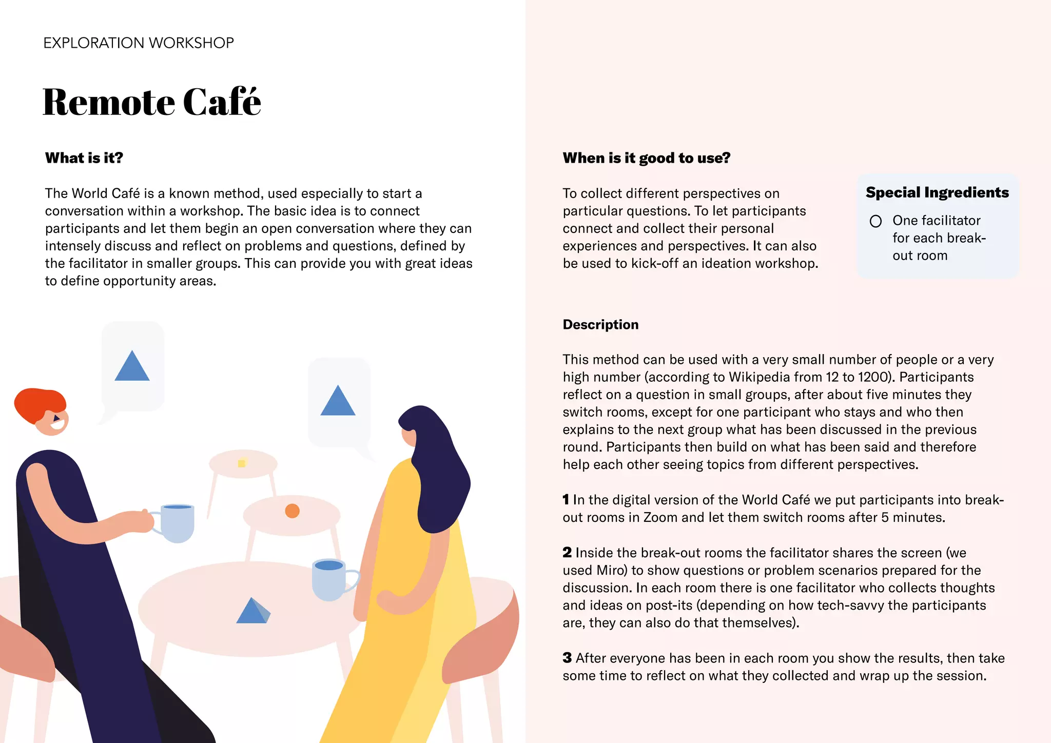 24
Remote Café
EXPLORATION WORKSHOP
What is it?
The World Café is a known method, used especially to start a
conversation within a workshop. The basic idea is to connect
participants and let them begin an open conversation where they can
intensely discuss and reflect on problems and questions, defined by
the facilitator in smaller groups. This can provide you with great ideas
to define opportunity areas.
When is it good to use?
To collect different perspectives on
particular questions. To let participants
connect and collect their personal
experiences and perspectives. It can also
be used to kick-off an ideation workshop.
One facilitator
for each break-
out room
Special Ingredients
Description
This method can be used with a very small number of people or a very
high number (according to Wikipedia from 12 to 1200). Participants
reflect on a question in small groups, after about five minutes they
switch rooms, except for one participant who stays and who then
explains to the next group what has been discussed in the previous
round. Participants then build on what has been said and therefore
help each other seeing topics from different perspectives.
1 In the digital version of the World Café we put participants into break-
out rooms in Zoom and let them switch rooms after 5 minutes.
2 Inside the break-out rooms the facilitator shares the screen (we
used Miro) to show questions or problem scenarios prepared for the
discussion. In each room there is one facilitator who collects thoughts
and ideas on post-its (depending on how tech-savvy the participants
are, they can also do that themselves).
3 After everyone has been in each room you show the results, then take
some time to reflect on what they collected and wrap up the session.
 