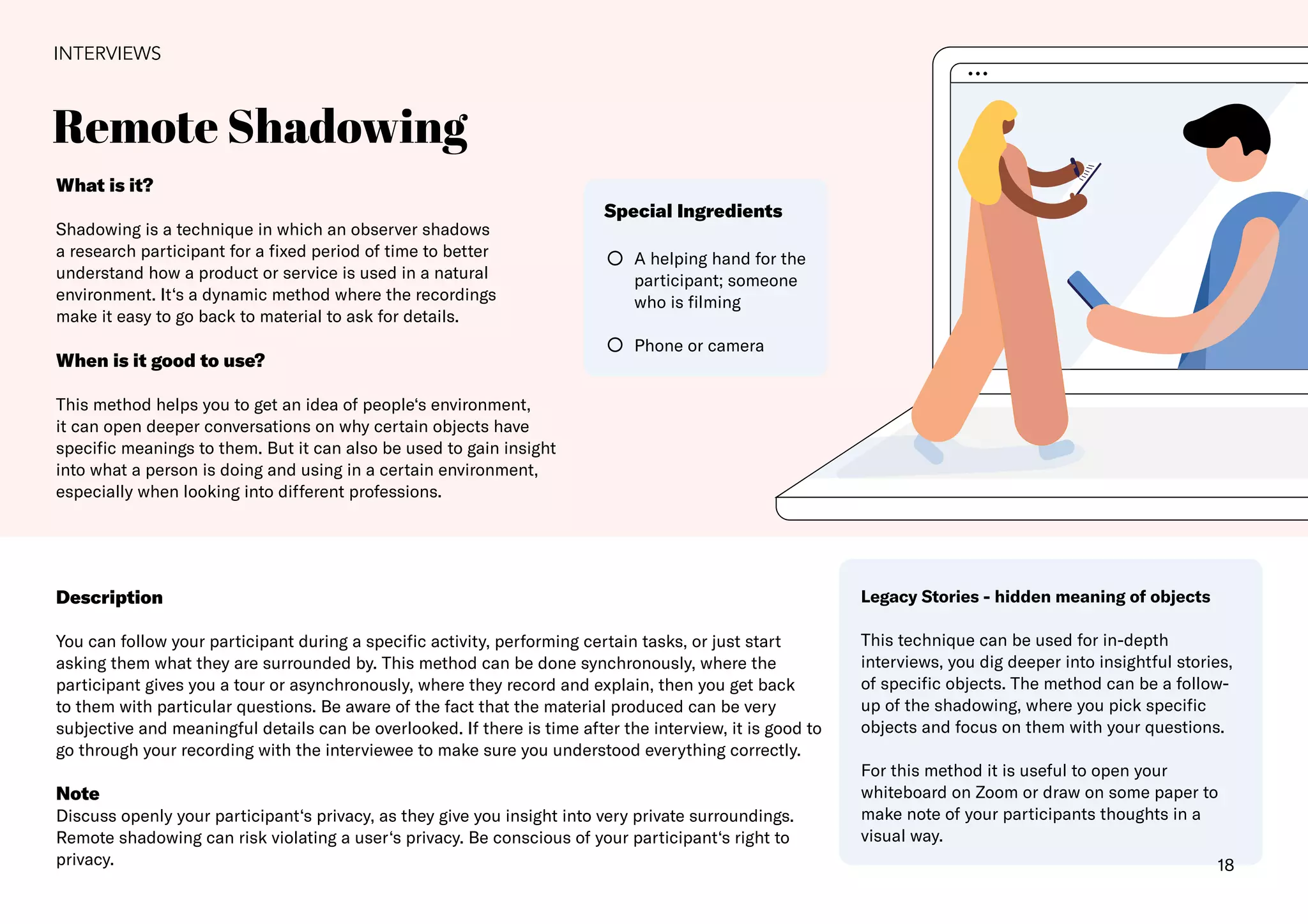 Legacy Stories - hidden meaning of objects
This technique can be used for in-depth
interviews, you dig deeper into insightful stories,
of specific objects. The method can be a follow-
up of the shadowing, where you pick specific
objects and focus on them with your questions.
For this method it is useful to open your
whiteboard on Zoom or draw on some paper to
make note of your participants thoughts in a
visual way.
18
Remote Shadowing
INTERVIEWS
What is it?
Shadowing is a technique in which an observer shadows
a research participant for a fixed period of time to better
understand how a product or service is used in a natural
environment. It‘s a dynamic method where the recordings
make it easy to go back to material to ask for details.
When is it good to use?
This method helps you to get an idea of people‘s environment,
it can open deeper conversations on why certain objects have
specific meanings to them. But it can also be used to gain insight
into what a person is doing and using in a certain environment,
especially when looking into different professions.
Description
You can follow your participant during a specific activity, performing certain tasks, or just start
asking them what they are surrounded by. This method can be done synchronously, where the
participant gives you a tour or asynchronously, where they record and explain, then you get back
to them with particular questions. Be aware of the fact that the material produced can be very
subjective and meaningful details can be overlooked. If there is time after the interview, it is good to
go through your recording with the interviewee to make sure you understood everything correctly.
Note
Discuss openly your participant‘s privacy, as they give you insight into very private surroundings.
Remote shadowing can risk violating a user‘s privacy. Be conscious of your participant‘s right to
privacy.
A helping hand for the
participant; someone
who is filming
Phone or camera
Special Ingredients
 