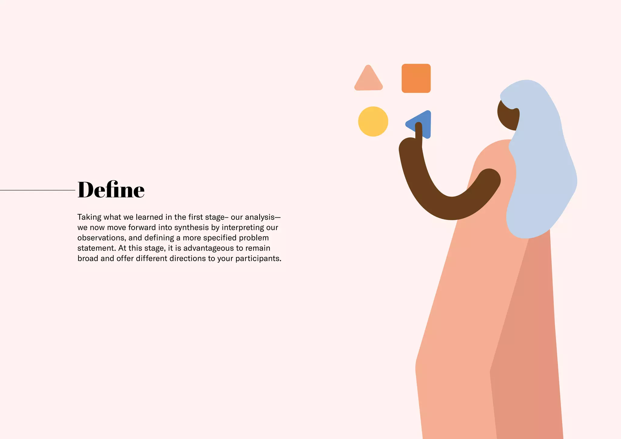 20
Define
Taking what we learned in the first stage– our analysis—
we now move forward into synthesis by interpreting our
observations, and defining a more specified problem
statement. At this stage, it is advantageous to remain
broad and offer different directions to your participants.
 