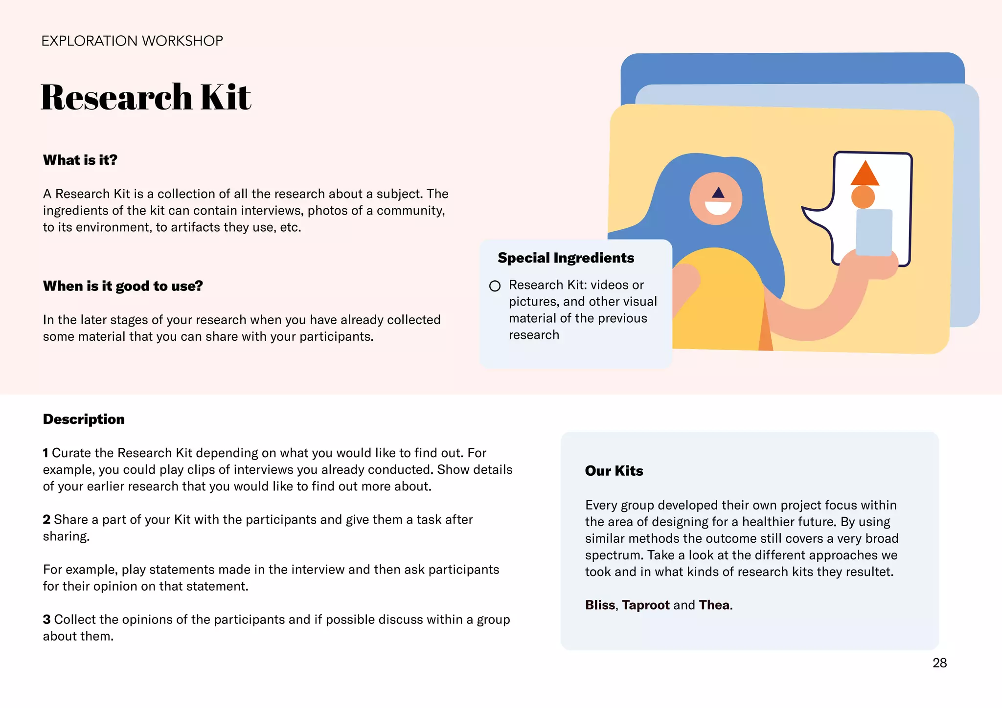 28
Research Kit
EXPLORATION WORKSHOP
What is it?
A Research Kit is a collection of all the research about a subject. The
ingredients of the kit can contain interviews, photos of a community,
to its environment, to artifacts they use, etc.
Description
1 Curate the Research Kit depending on what you would like to find out. For
example, you could play clips of interviews you already conducted. Show details
of your earlier research that you would like to find out more about.
2 Share a part of your Kit with the participants and give them a task after
sharing.
For example, play statements made in the interview and then ask participants
for their opinion on that statement.
3 Collect the opinions of the participants and if possible discuss within a group
about them.
When is it good to use?
In the later stages of your research when you have already collected
some material that you can share with your participants.
Research Kit: videos or
pictures, and other visual
material of the previous
research
Special Ingredients
Our Kits
Every group developed their own project focus within
the area of designing for a healthier future. By using
similar methods the outcome still covers a very broad
spectrum. Take a look at the different approaches we
took and in what kinds of research kits they resultet.
Bliss, Taproot and Thea.
 