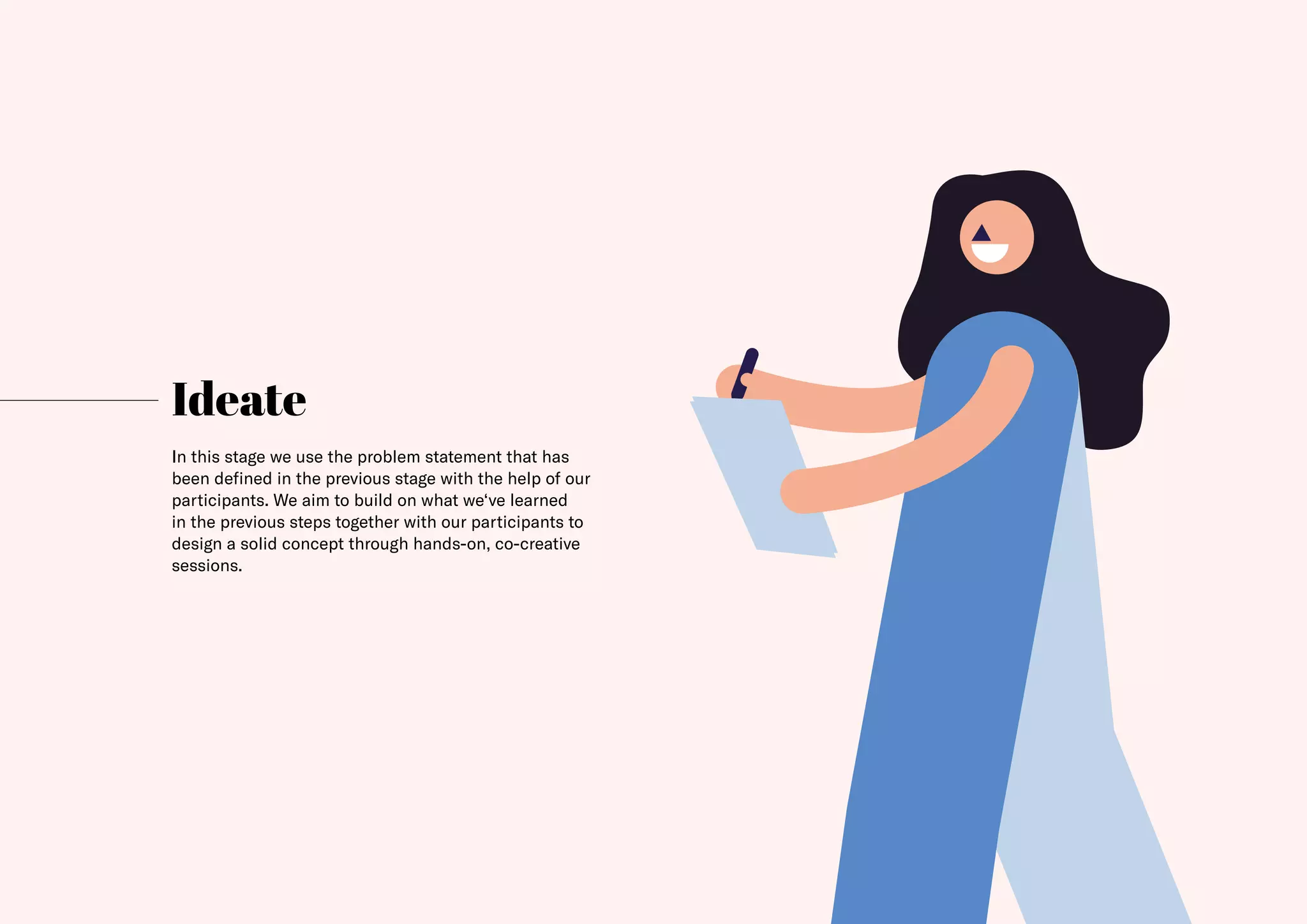 30
Ideate
In this stage we use the problem statement that has
been defined in the previous stage with the help of our
participants. We aim to build on what we‘ve learned
in the previous steps together with our participants to
design a solid concept through hands-on, co-creative
sessions.
 